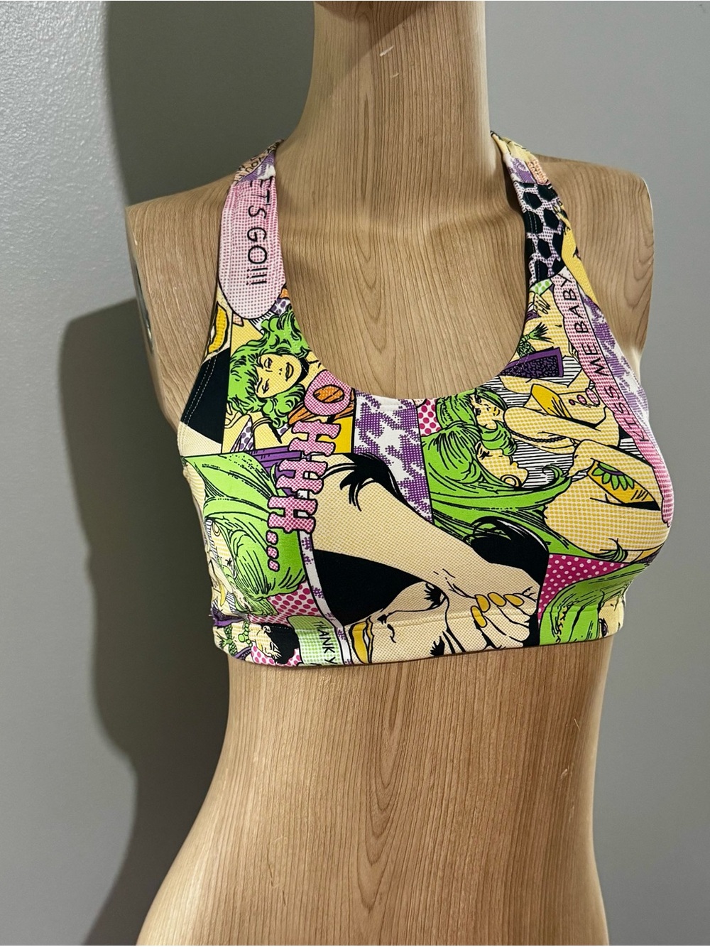 Comic Book Cartoon Graphic Pop Art Sports Bra in Green/Pink